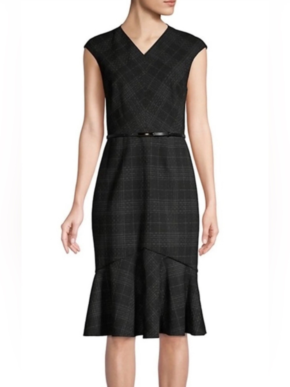 Elie Tahari Plaid V-Neck Sheath Dress with Leather Belt Size 8 New With Tag